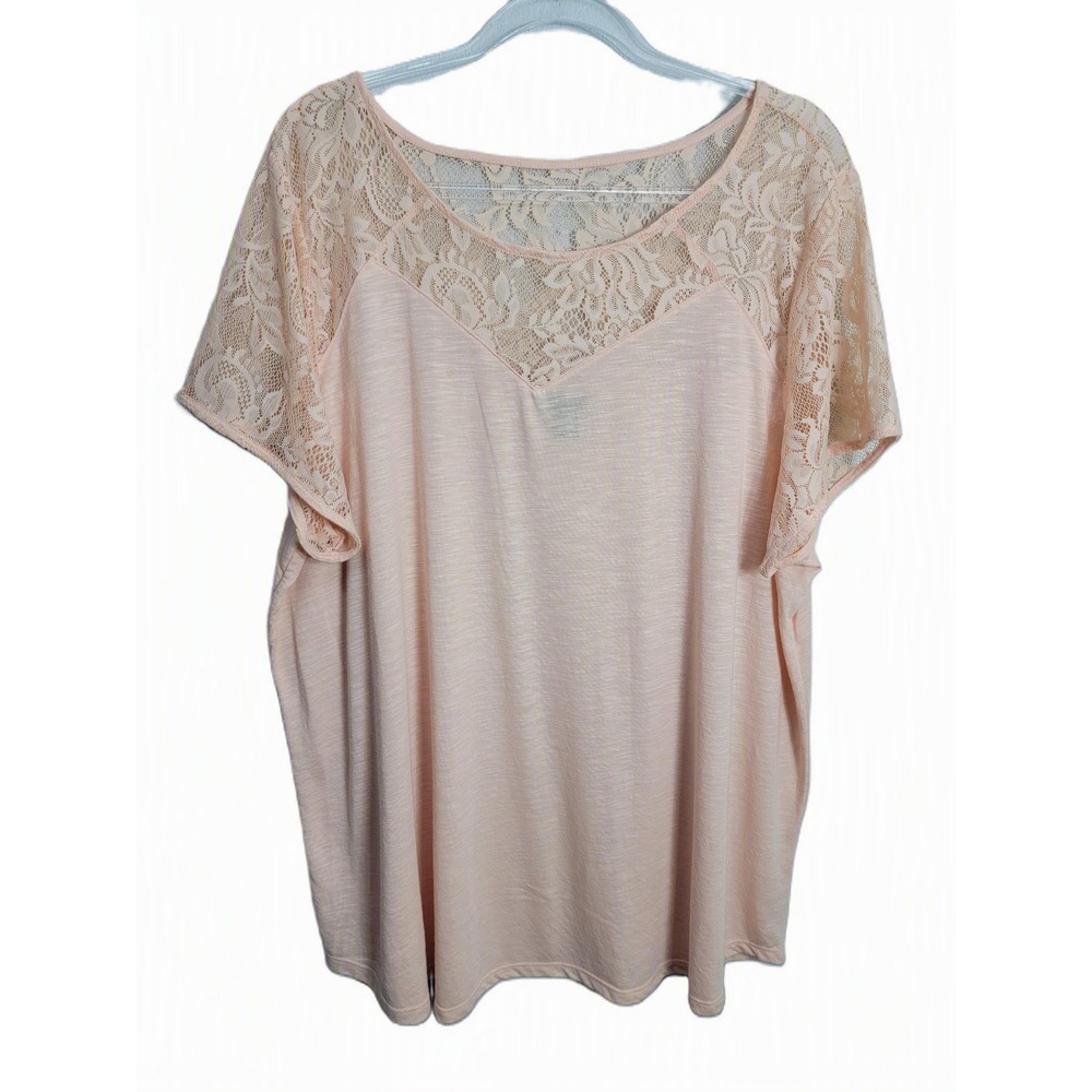 Torrid Women 4X Top Peach Floral Lace Yoke Short Sleeve Slub Knit 10680147